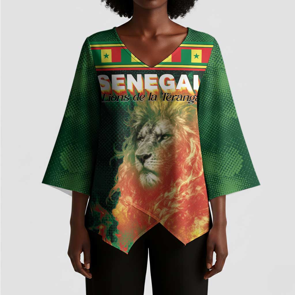 Custom Senegal Football Kimono Sleeve Blouse Fiery Lion Halftone Mix Gradient Map Style