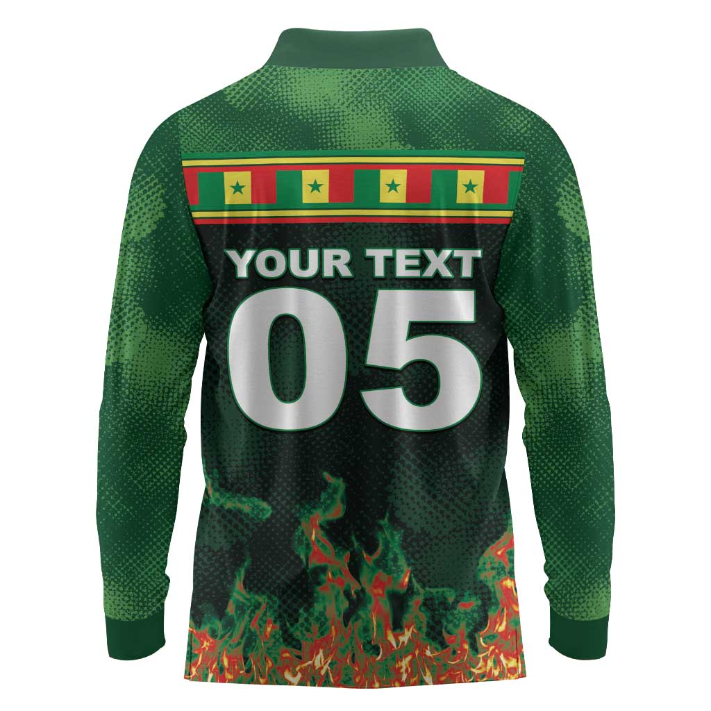 Custom Senegal Football Long Sleeve Polo Shirt Fiery Lion Halftone Mix Gradient Map Style