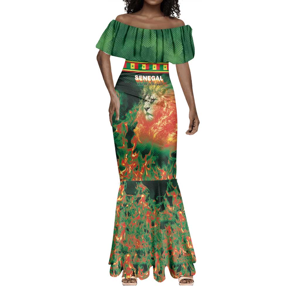 Custom Senegal Football Mermaid Dress Fiery Lion Halftone Mix Gradient Map Style