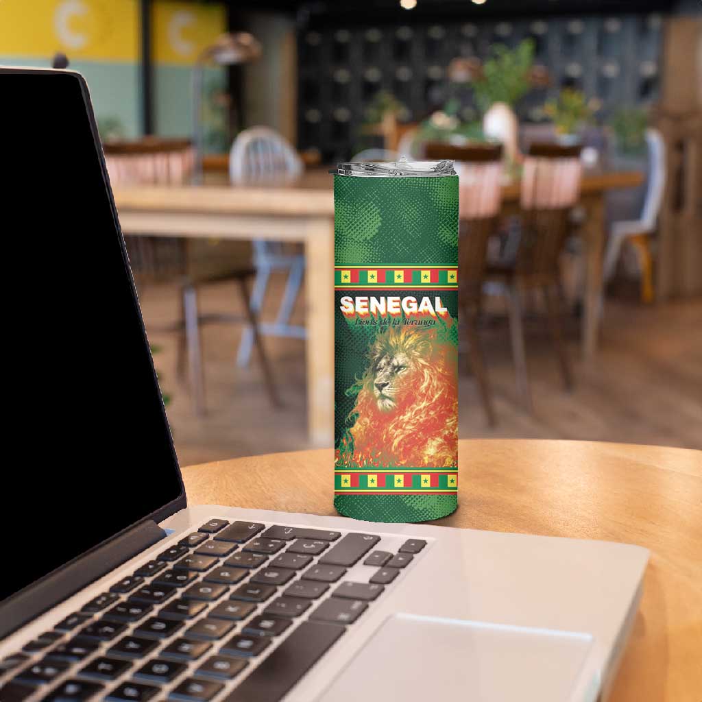 Custom Senegal Football Skinny Tumbler Fiery Lion Halftone Mix Gradient Map Style