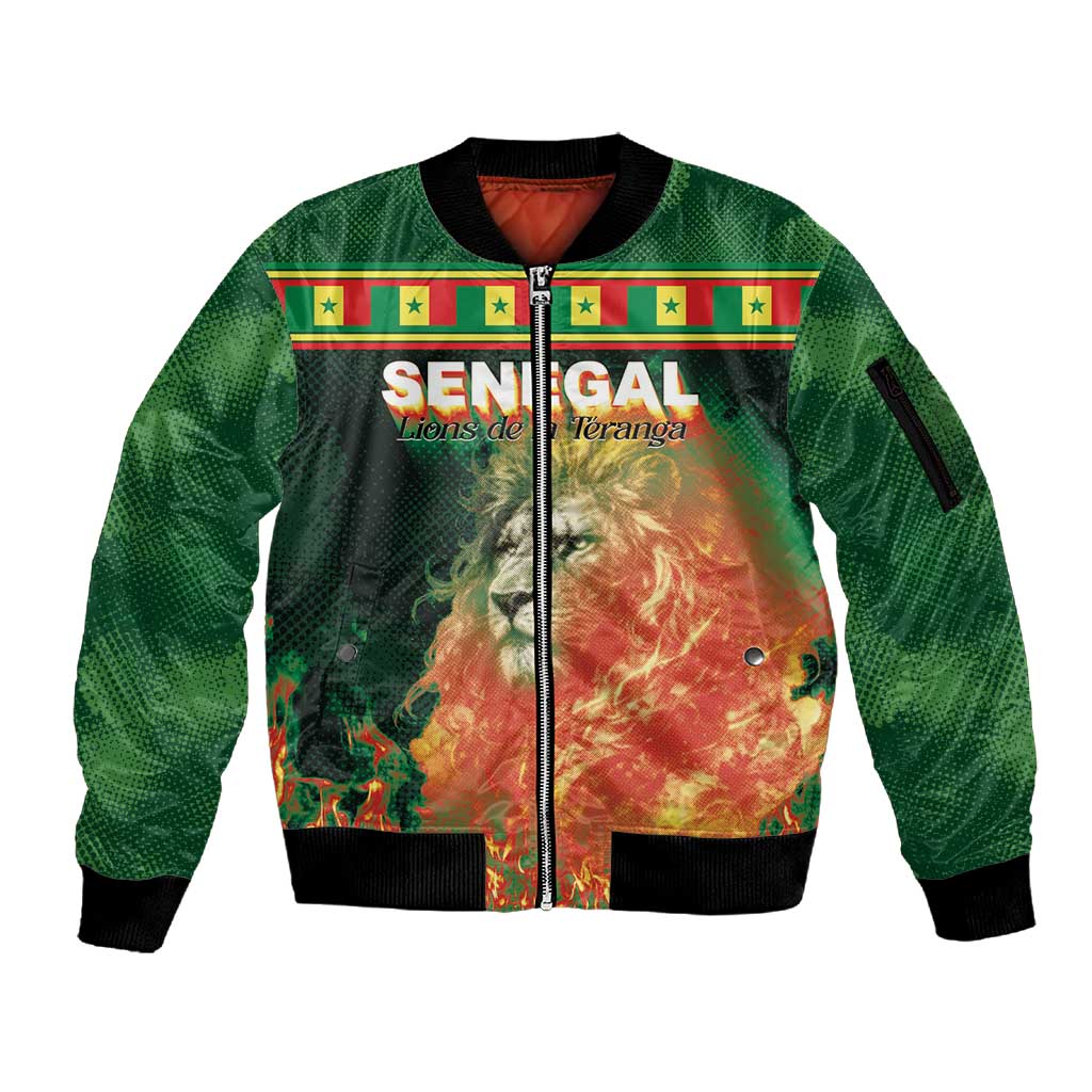 Custom Senegal Football Sleeve Zip Bomber Jacket Fiery Lion Halftone Mix Gradient Map Style