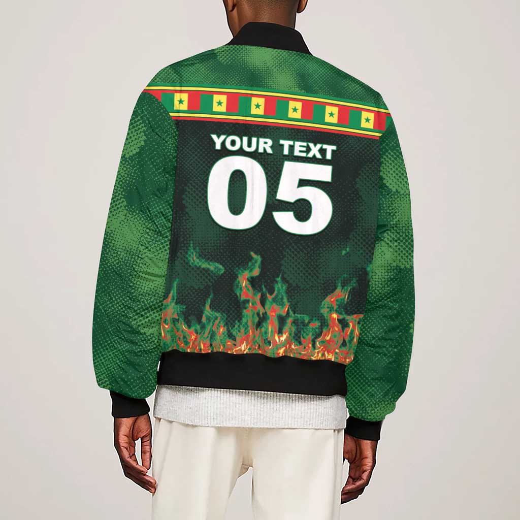 Custom Senegal Football Sleeve Zip Bomber Jacket Fiery Lion Halftone Mix Gradient Map Style