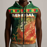 Custom Senegal Football Sleeveless Zip Hoodie Fiery Lion Halftone Mix Gradient Map Style