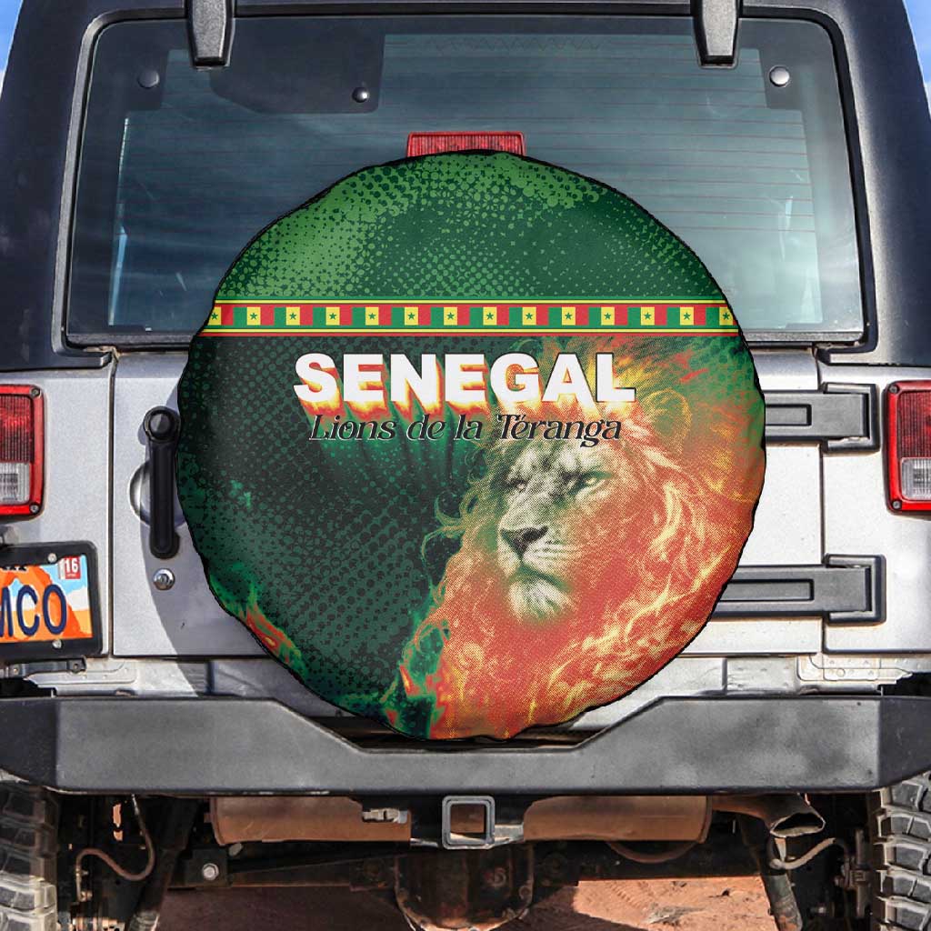 Senegal Football Spare Tire Cover Fiery Lion Halftone Mix Gradient Map Style