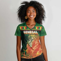 Custom Senegal Football Women V-Neck T-Shirt Fiery Lion Halftone Mix Gradient Map Style