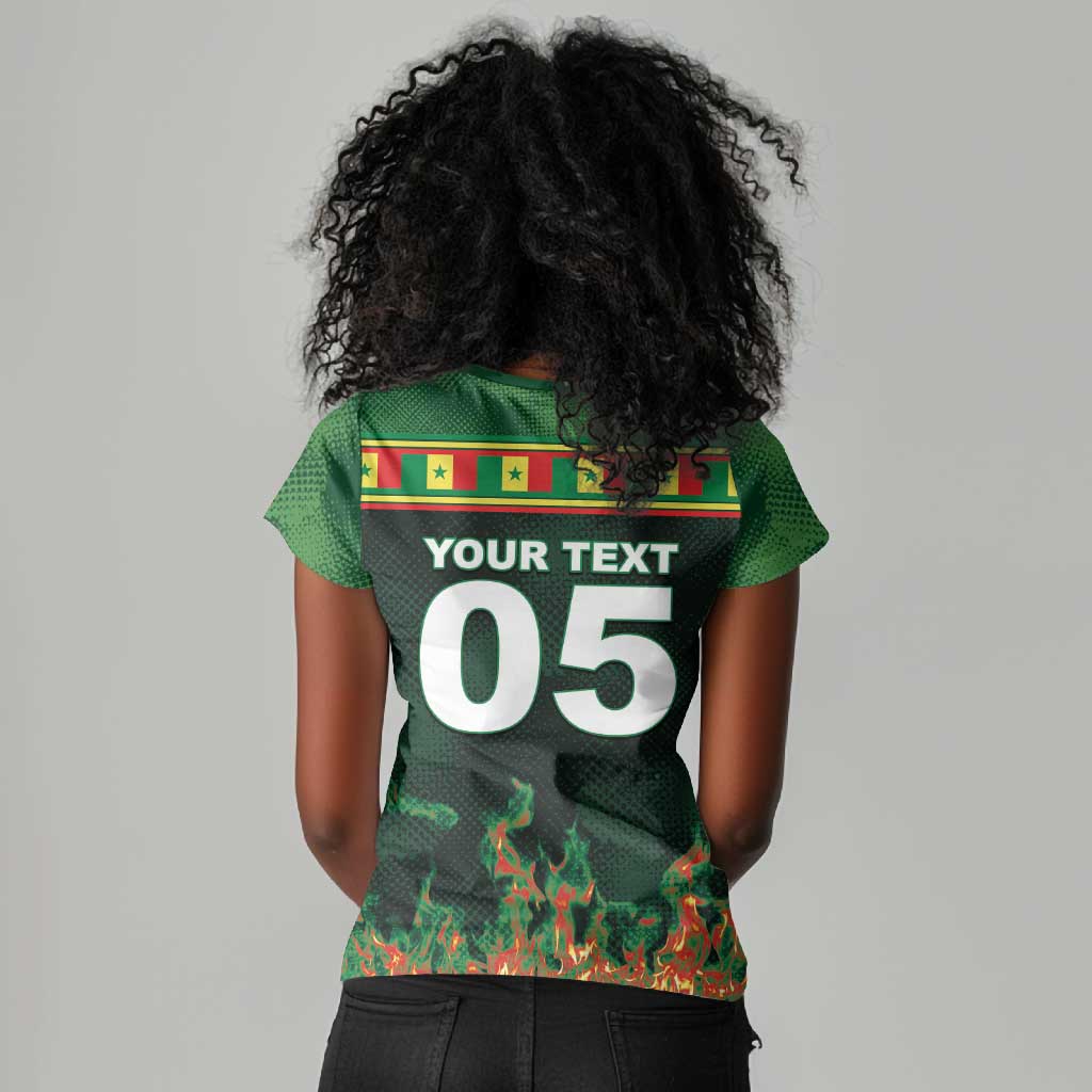 Custom Senegal Football Women V-Neck T-Shirt Fiery Lion Halftone Mix Gradient Map Style