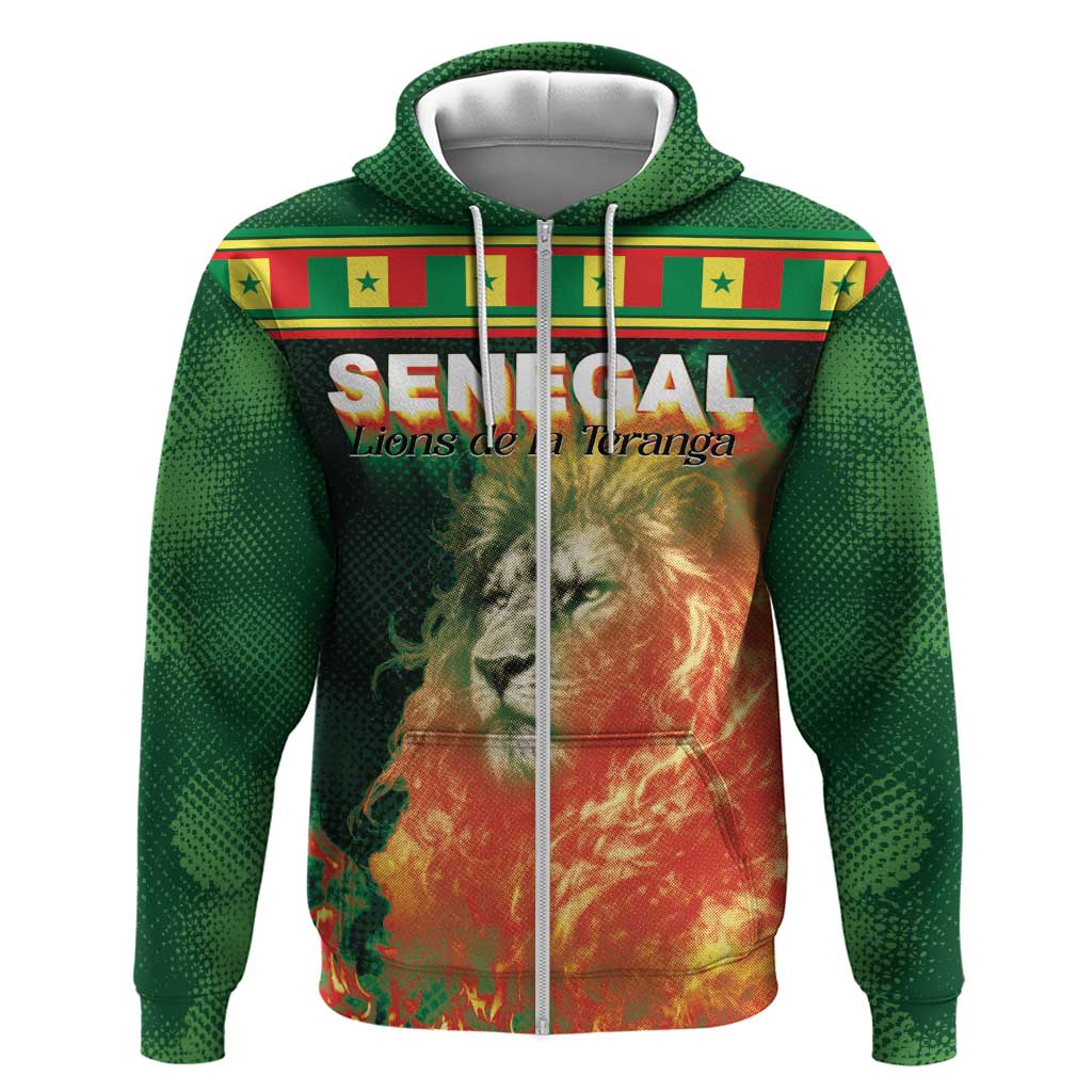Custom Senegal Football Zip Hoodie Fiery Lion Halftone Mix Gradient Map Style