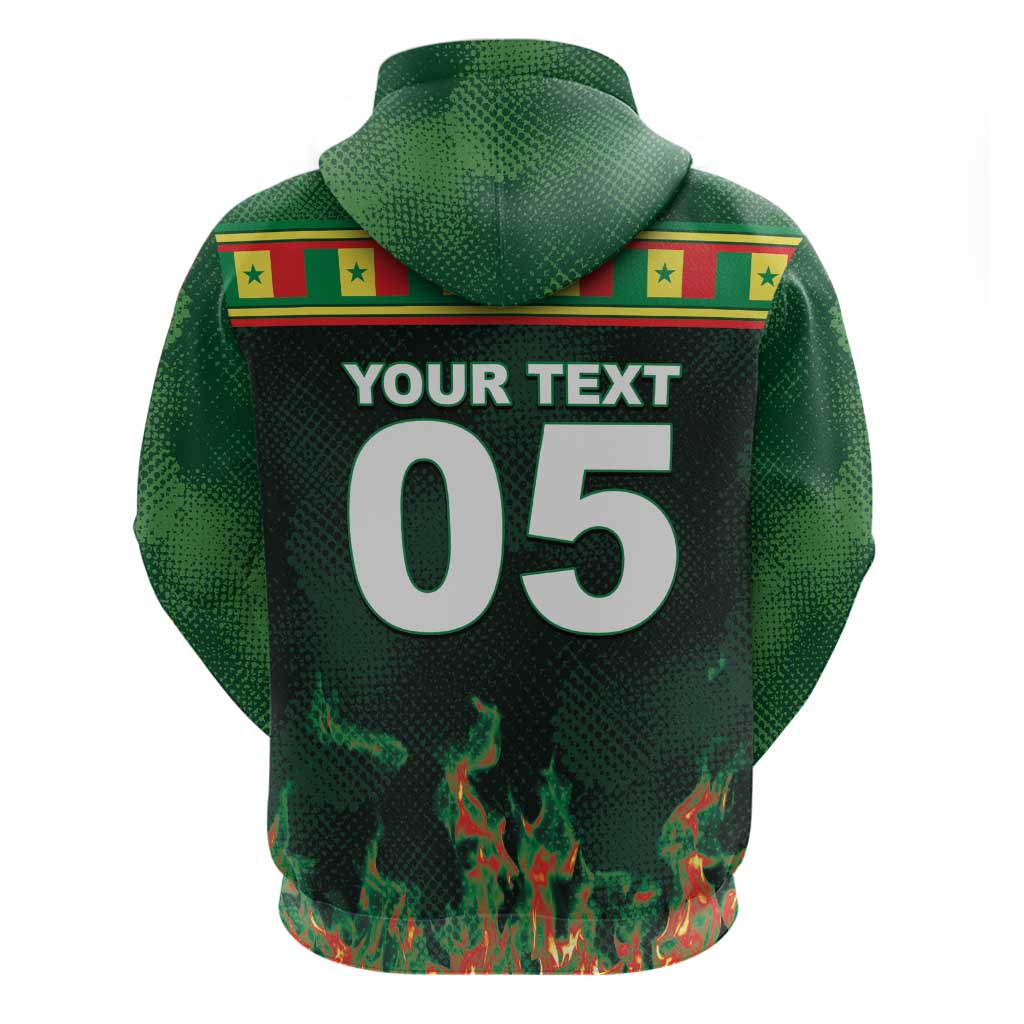Custom Senegal Football Zip Hoodie Fiery Lion Halftone Mix Gradient Map Style