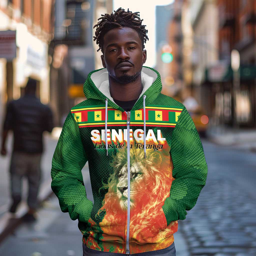 Custom Senegal Football Zip Hoodie Fiery Lion Halftone Mix Gradient Map Style
