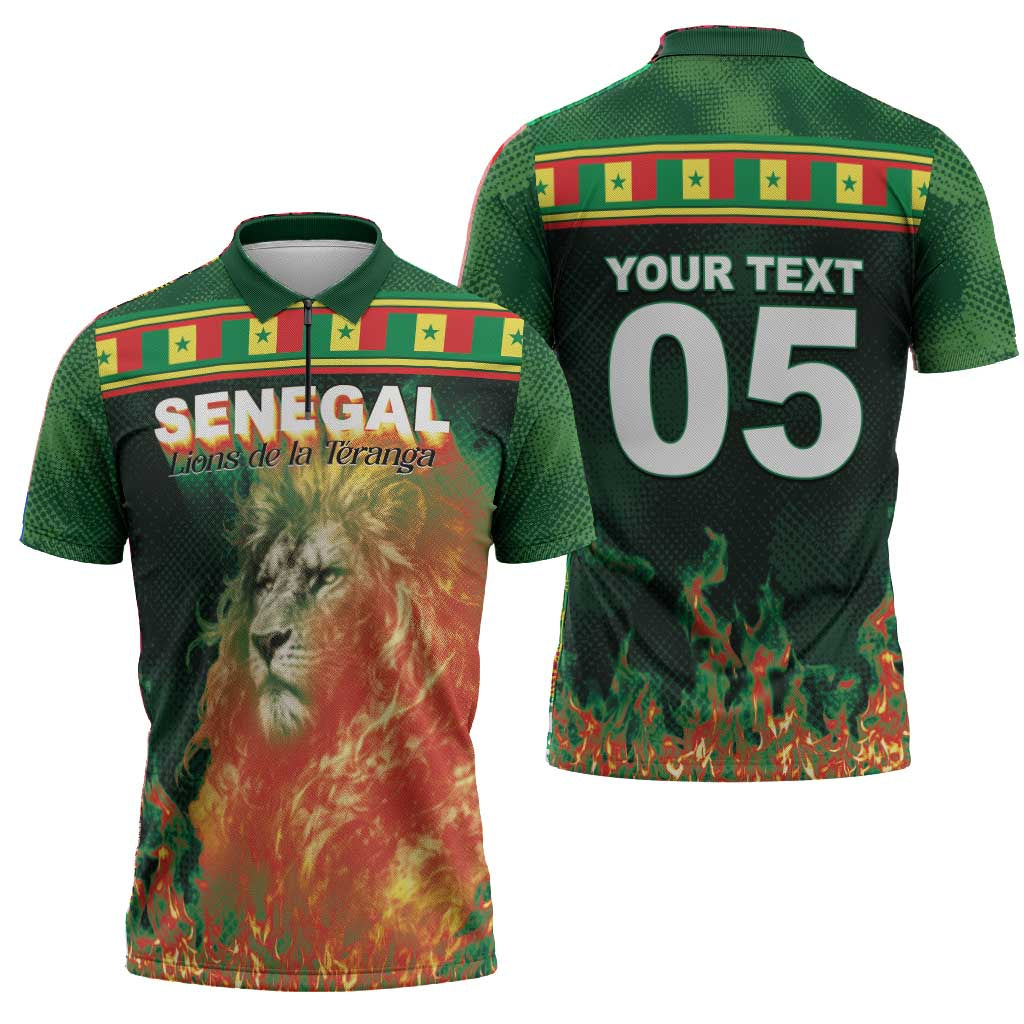 Custom Senegal Football Zipper Polo Shirt Fiery Lion Halftone Mix Gradient Map Style