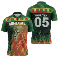 Custom Senegal Football Zipper Polo Shirt Fiery Lion Halftone Mix Gradient Map Style