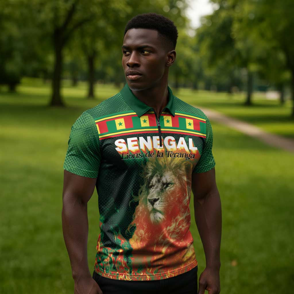 Custom Senegal Football Zipper Polo Shirt Fiery Lion Halftone Mix Gradient Map Style