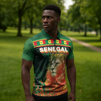 Custom Senegal Football Zipper Polo Shirt Fiery Lion Halftone Mix Gradient Map Style