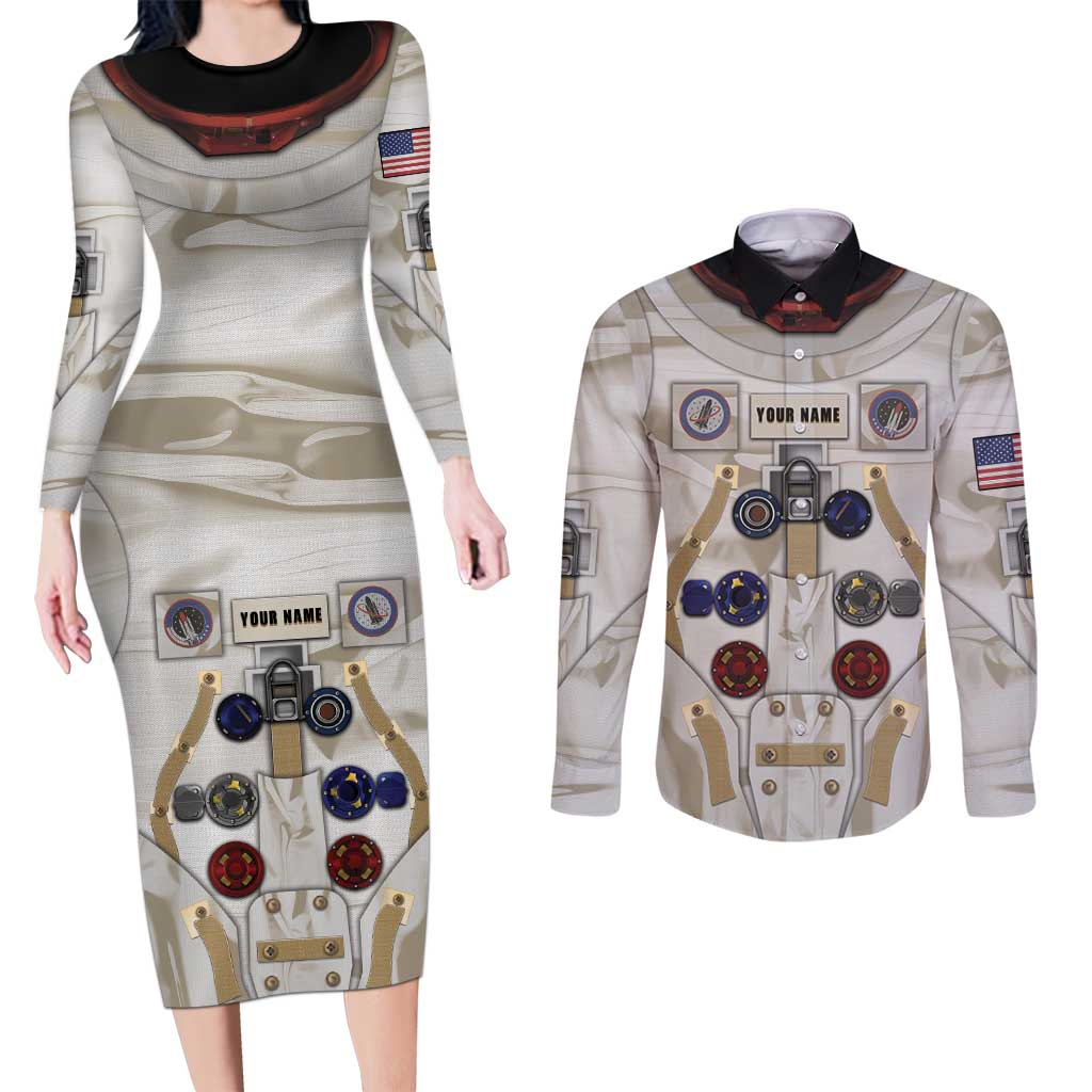 Personalized Astronaut Couples Matching Long Sleeve Bodycon Dress and Long Sleeve Button Shirt Space Explorer - Wonder Print Shop