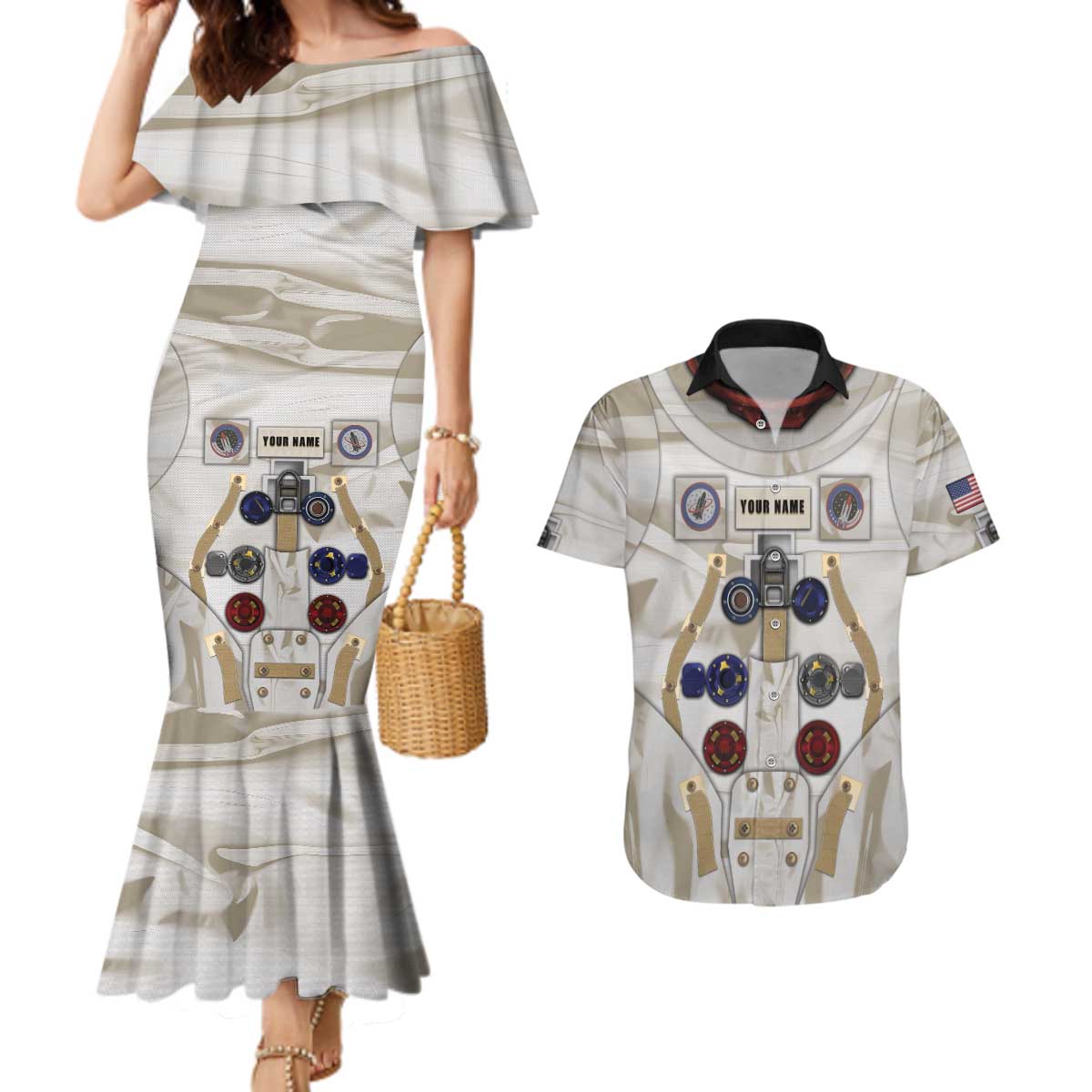 Personalized Astronaut Couples Matching Mermaid Dress and Hawaiian Shirt Space Explorer - Wonder Print Shop