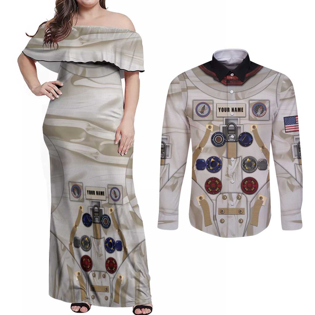 Personalized Astronaut Couples Matching Off Shoulder Maxi Dress and Long Sleeve Button Shirt Space Explorer - Wonder Print Shop
