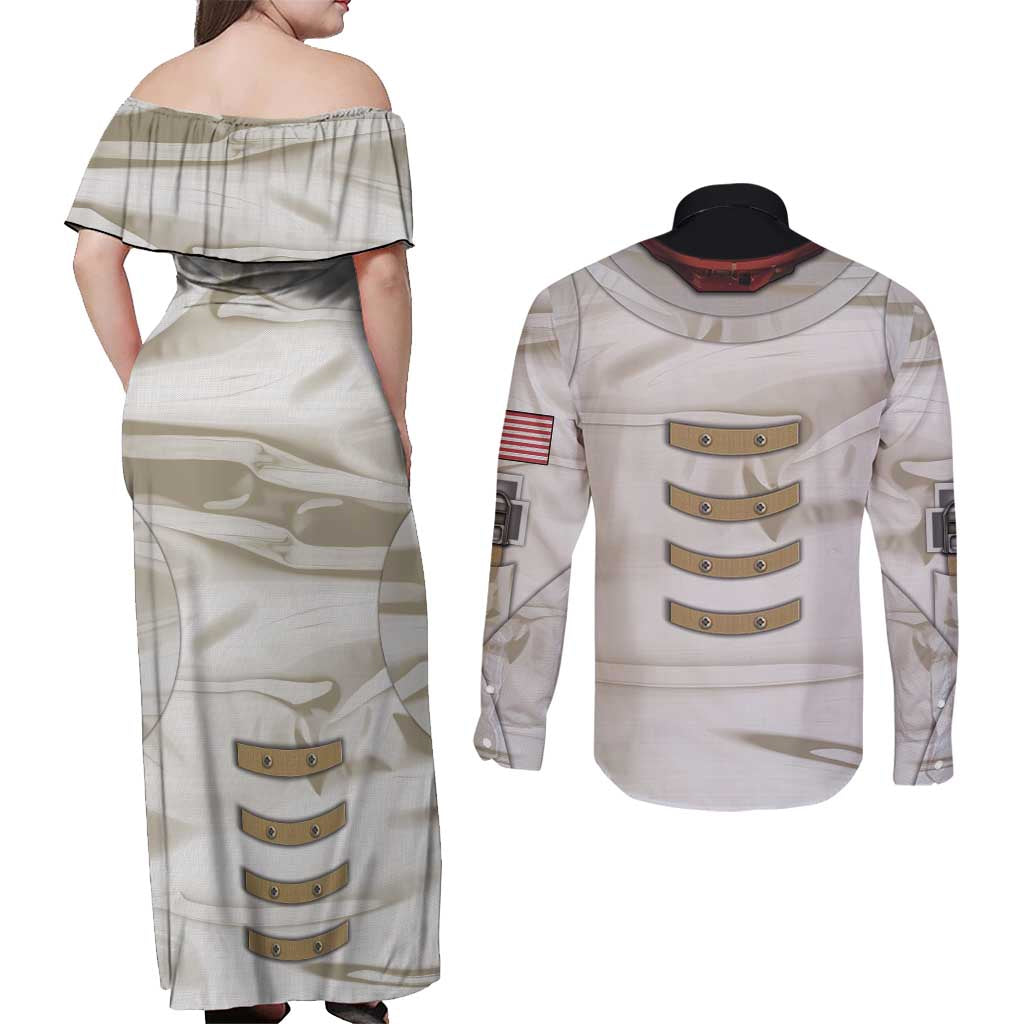 Personalized Astronaut Couples Matching Off Shoulder Maxi Dress and Long Sleeve Button Shirt Space Explorer - Wonder Print Shop
