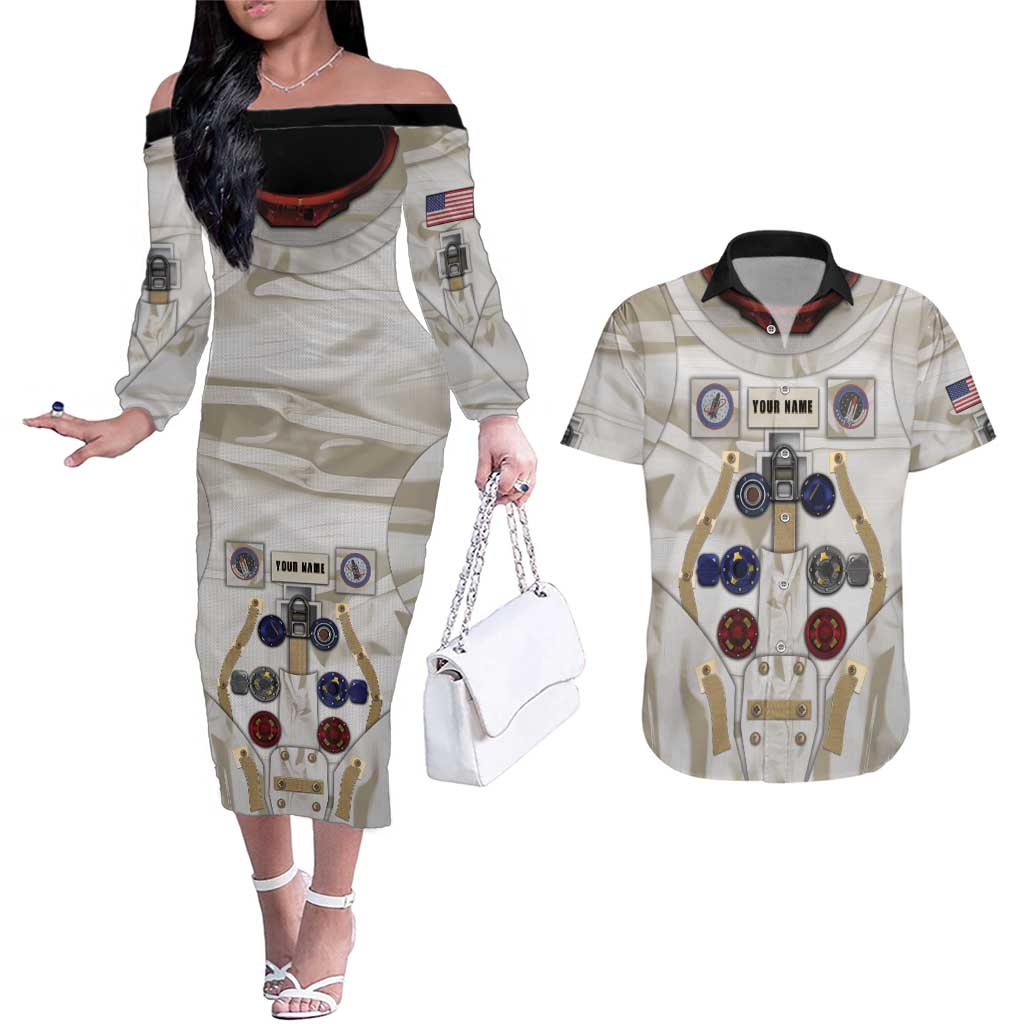 Personalized Astronaut Couples Matching Off The Shoulder Long Sleeve Dress and Hawaiian Shirt Space Explorer - Wonder Print Shop