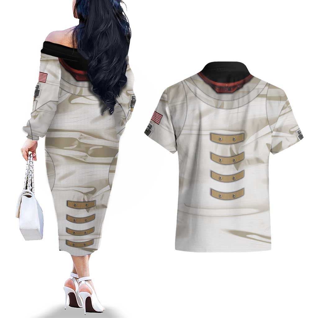 Personalized Astronaut Couples Matching Off The Shoulder Long Sleeve Dress and Hawaiian Shirt Space Explorer - Wonder Print Shop