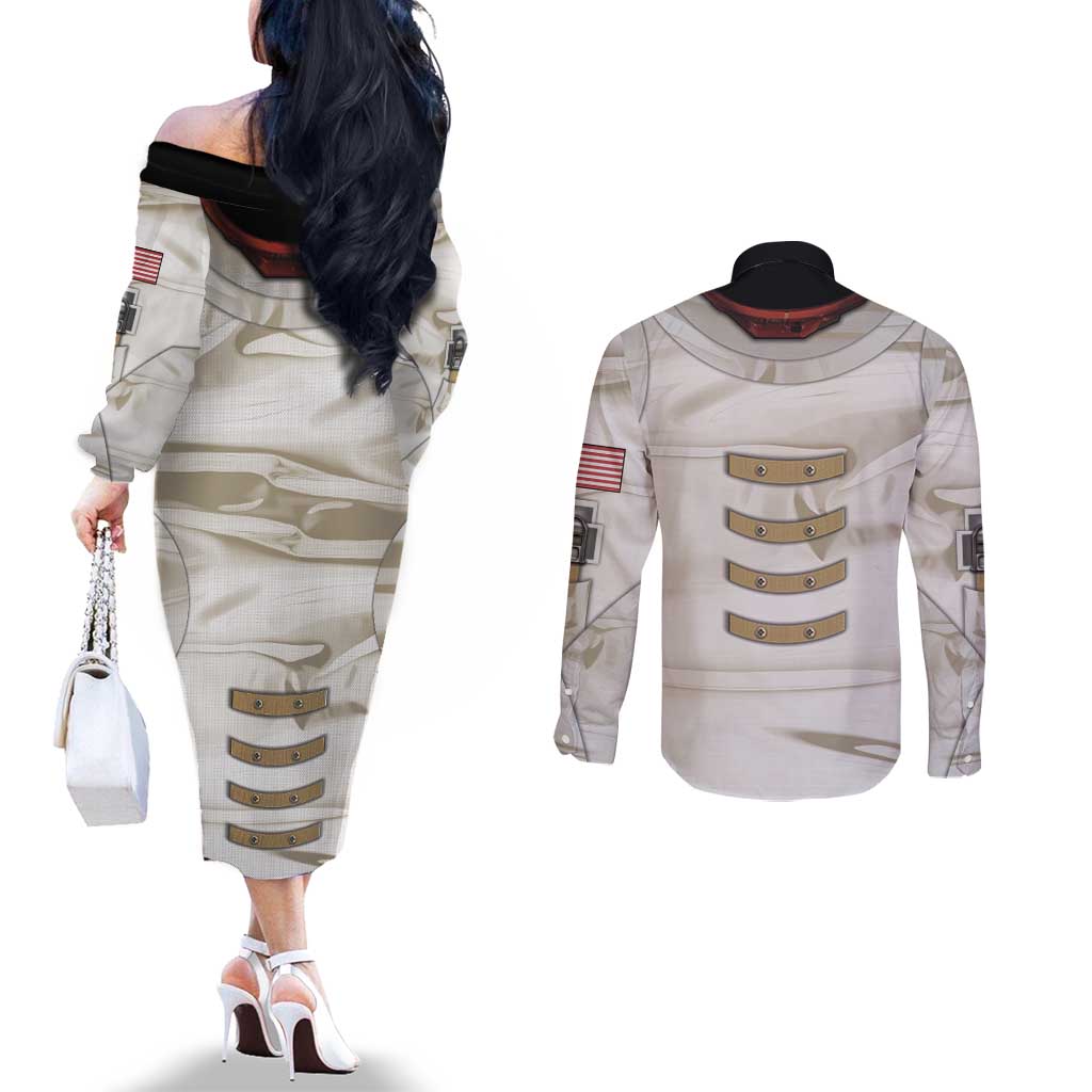 Personalized Astronaut Couples Matching Off The Shoulder Long Sleeve Dress and Long Sleeve Button Shirt Space Explorer - Wonder Print Shop