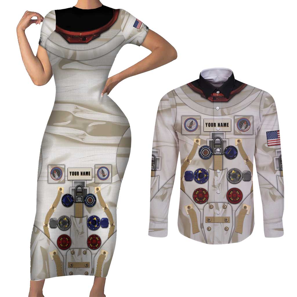 Personalized Astronaut Couples Matching Short Sleeve Bodycon Dress and Long Sleeve Button Shirt Space Explorer - Wonder Print Shop