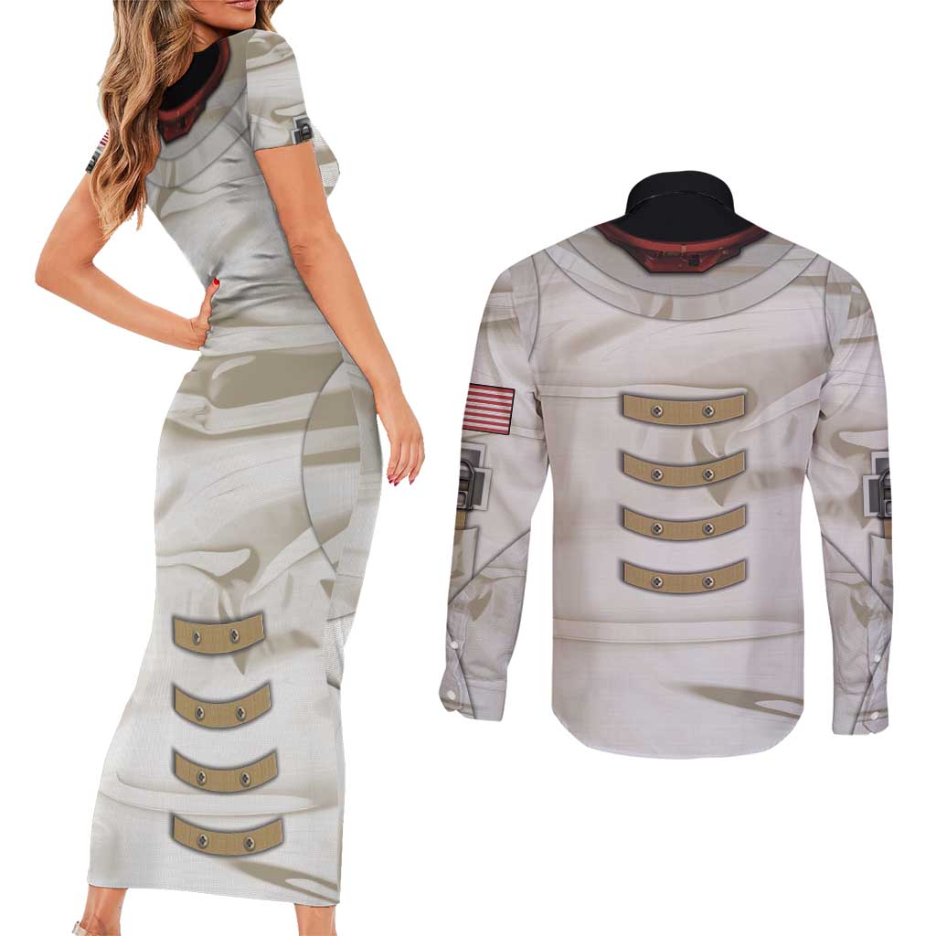 Personalized Astronaut Couples Matching Short Sleeve Bodycon Dress and Long Sleeve Button Shirt Space Explorer - Wonder Print Shop
