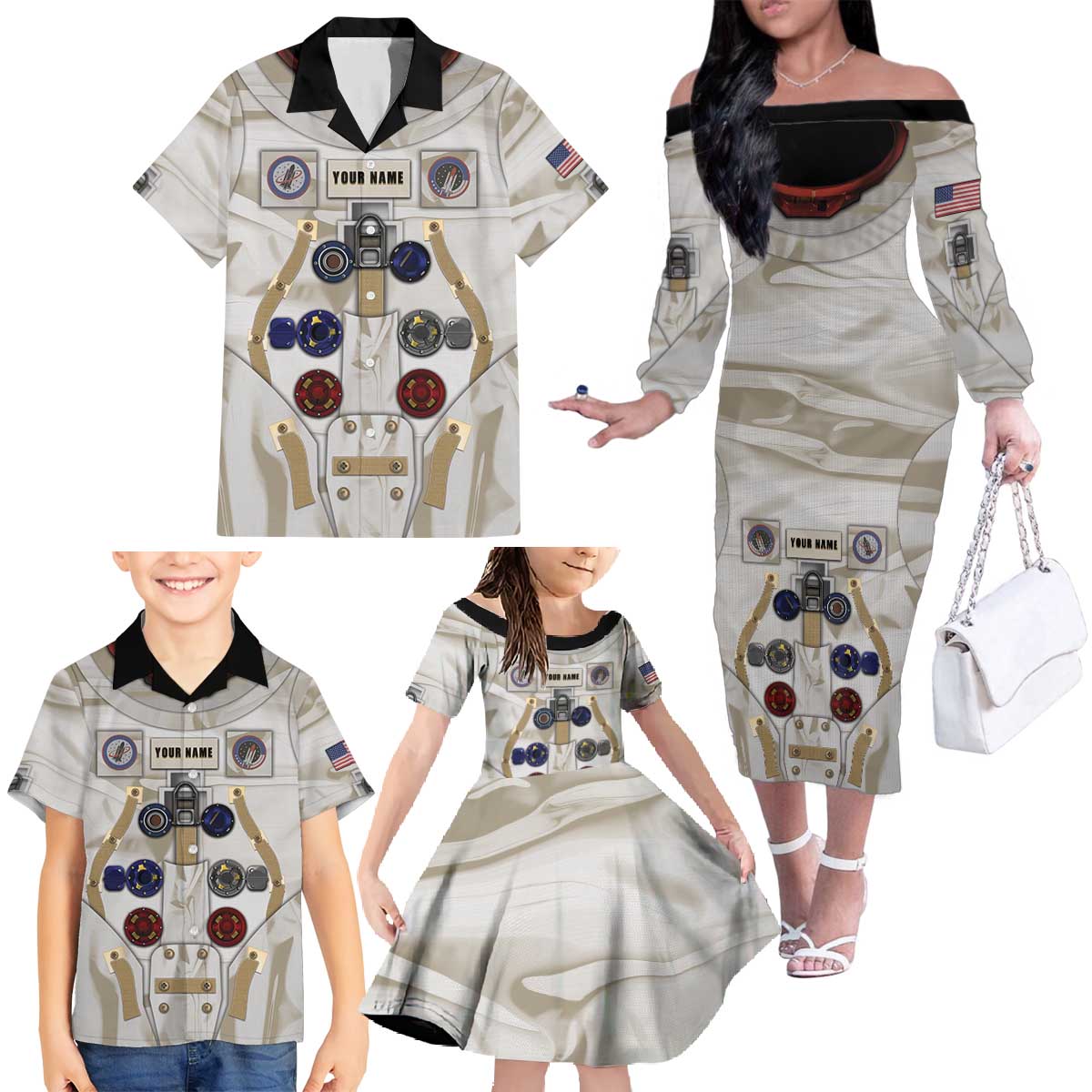 Personalized Astronaut Family Matching Off The Shoulder Long Sleeve Dress and Hawaiian Shirt Space Explorer - Wonder Print Shop