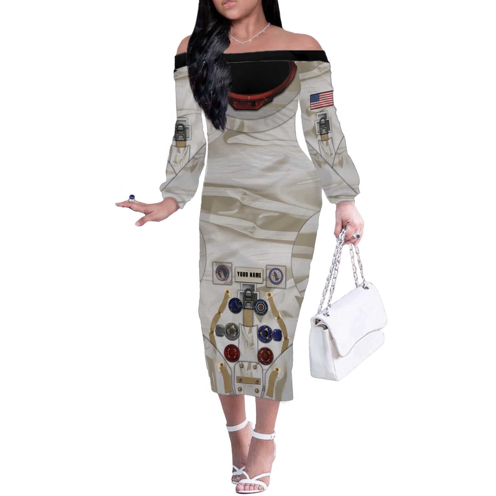 Personalized Astronaut Off The Shoulder Long Sleeve Dress Space Explorer - Wonder Print Shop