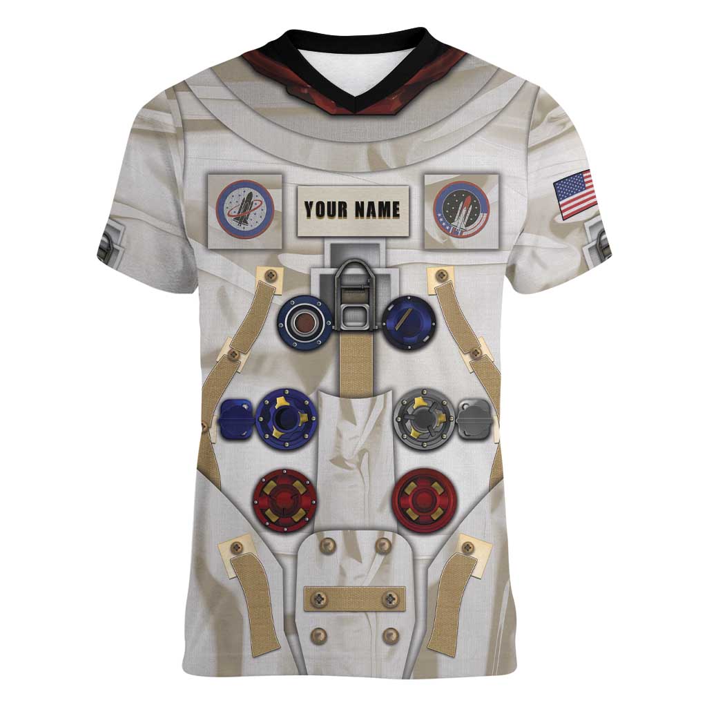 Personalized Astronaut Women V-Neck T-Shirt Space Explorer - Wonder Print Shop