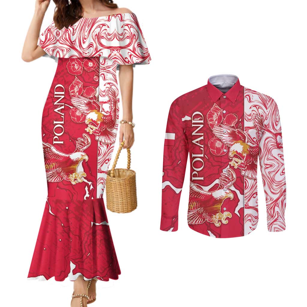 Personalized Poland Couples Matching Mermaid Dress and Long Sleeve Button Shirt Two White Eagles Fighting - Wonder Print Shop