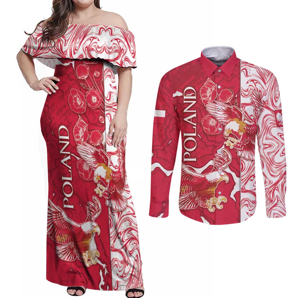 Personalized Poland Couples Matching Off Shoulder Maxi Dress and Long Sleeve Button Shirt Two White Eagles Fighting - Wonder Print Shop