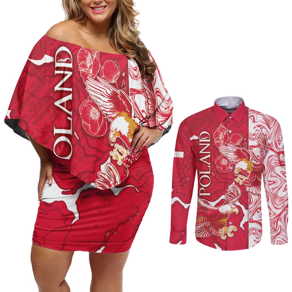Personalized Poland Couples Matching Off Shoulder Short Dress and Long Sleeve Button Shirt Two White Eagles Fighting - Wonder Print Shop