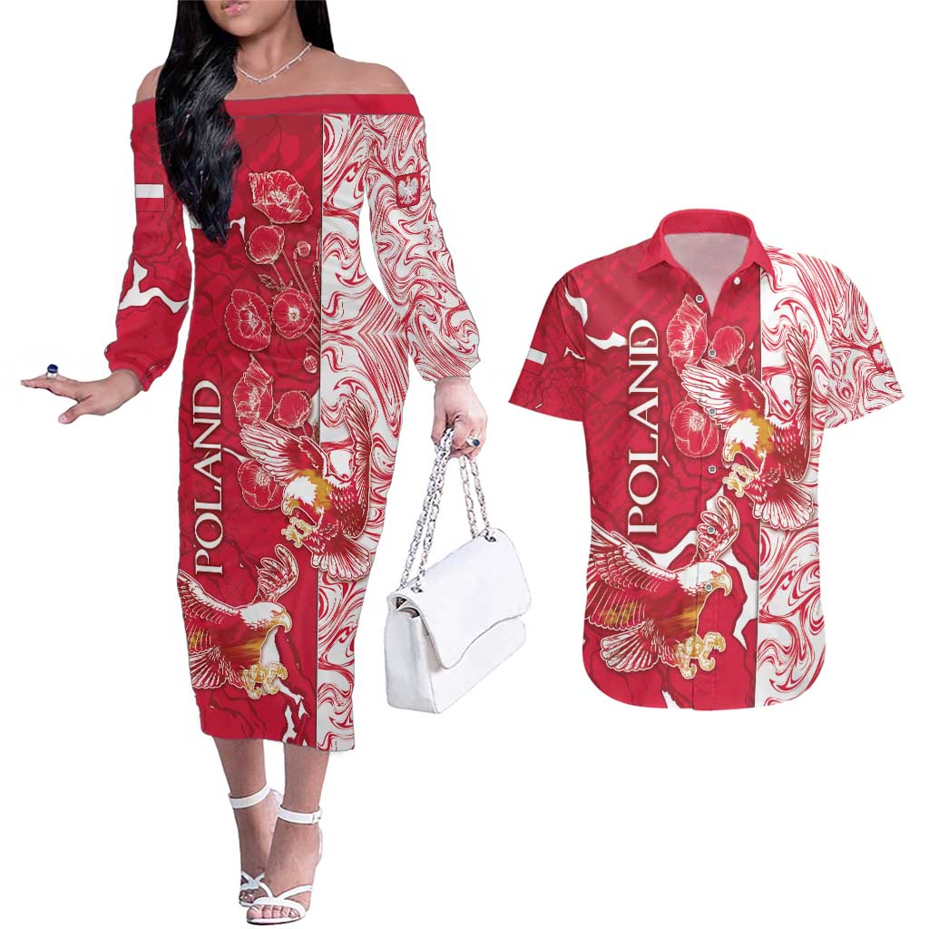 Personalized Poland Couples Matching Off The Shoulder Long Sleeve Dress and Hawaiian Shirt Two White Eagles Fighting - Wonder Print Shop