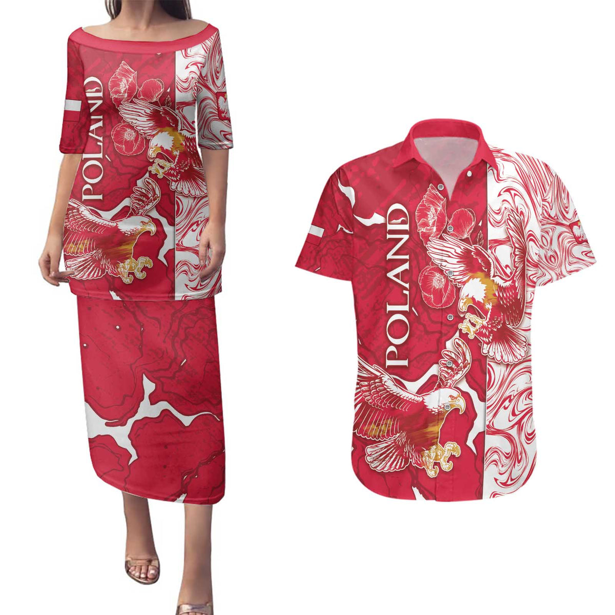 Personalized Poland Couples Matching Puletasi and Hawaiian Shirt Two White Eagles Fighting - Wonder Print Shop