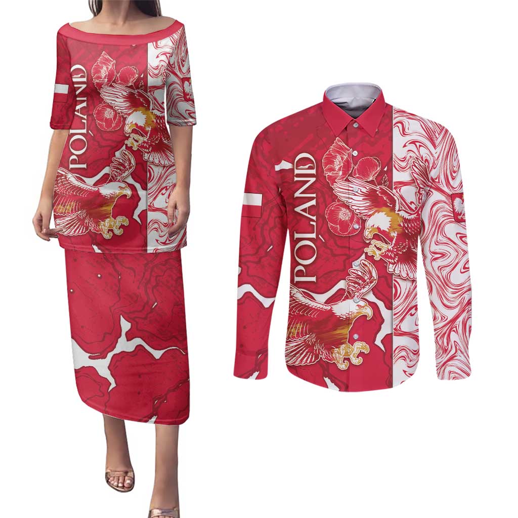 Personalized Poland Couples Matching Puletasi and Long Sleeve Button Shirt Two White Eagles Fighting - Wonder Print Shop