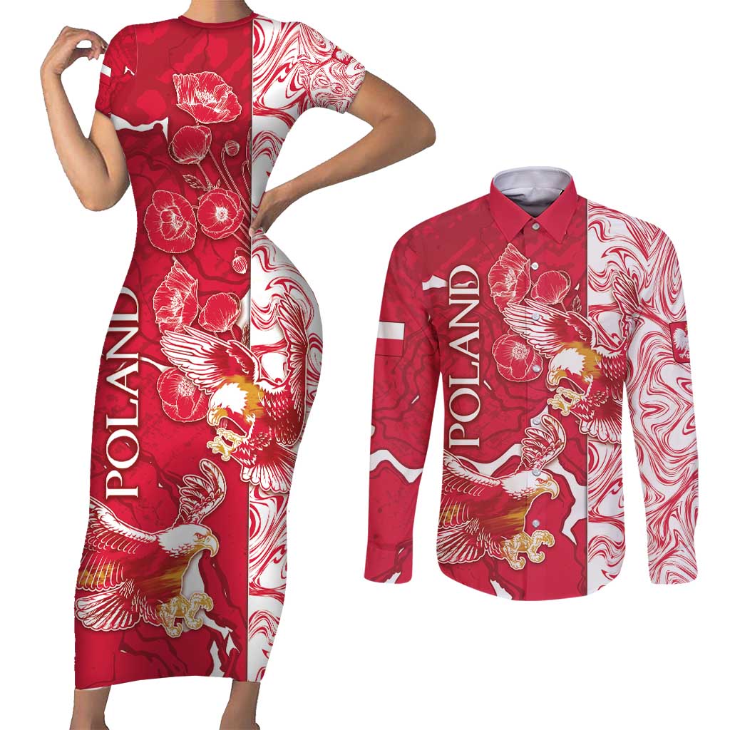 Personalized Poland Couples Matching Short Sleeve Bodycon Dress and Long Sleeve Button Shirt Two White Eagles Fighting - Wonder Print Shop