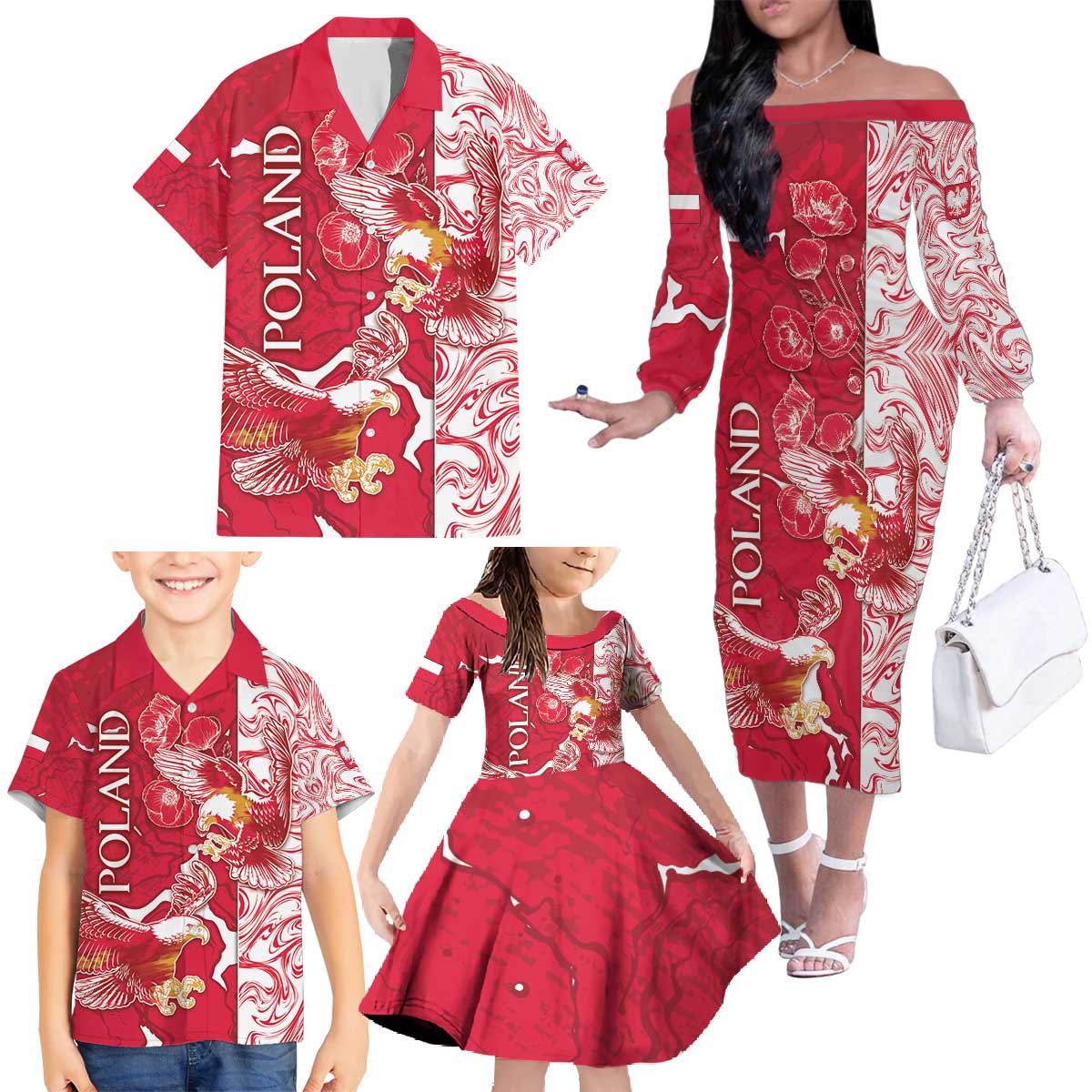 Personalized Poland Family Matching Off The Shoulder Long Sleeve Dress and Hawaiian Shirt Two White Eagles Fighting - Wonder Print Shop