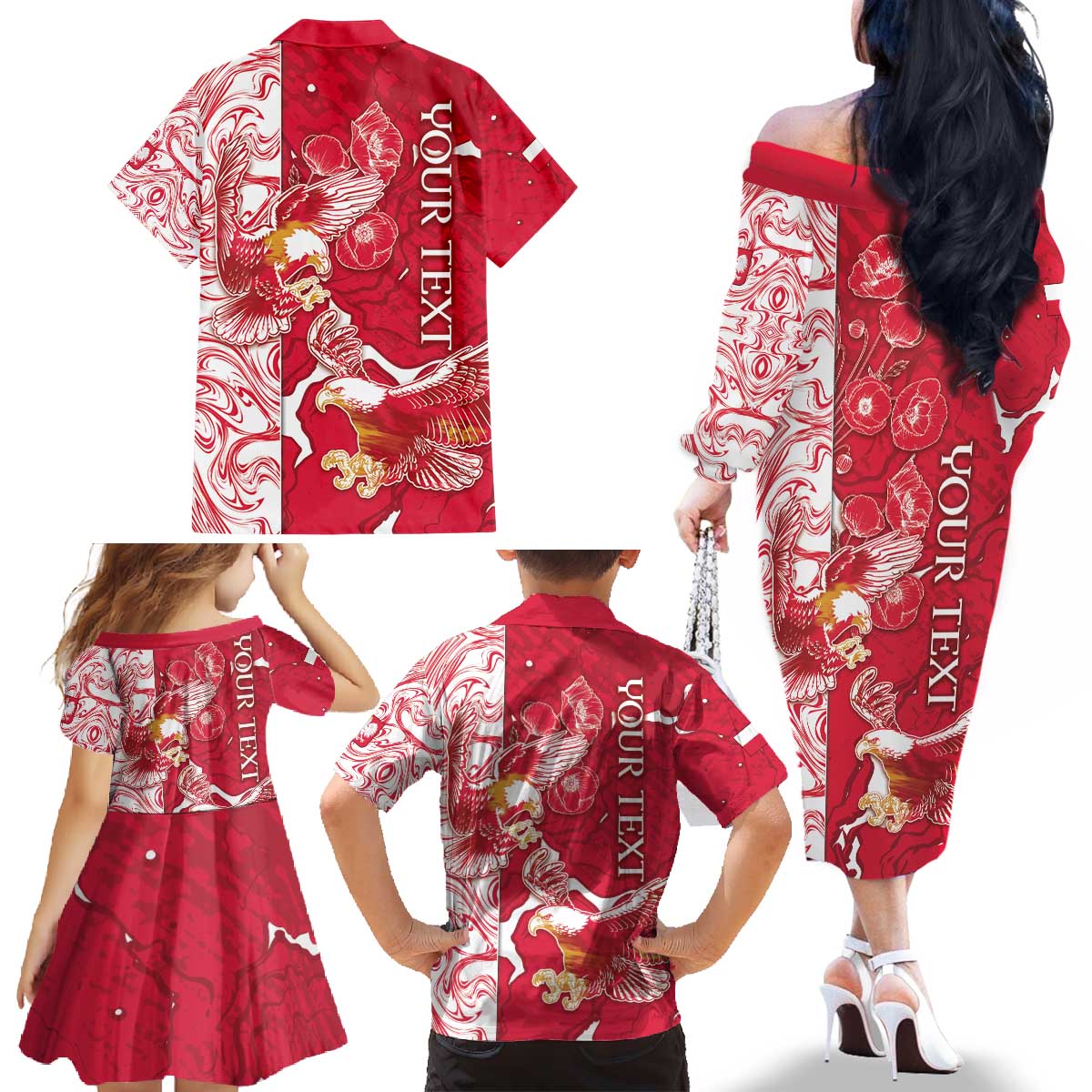 Personalized Poland Family Matching Off The Shoulder Long Sleeve Dress and Hawaiian Shirt Two White Eagles Fighting - Wonder Print Shop