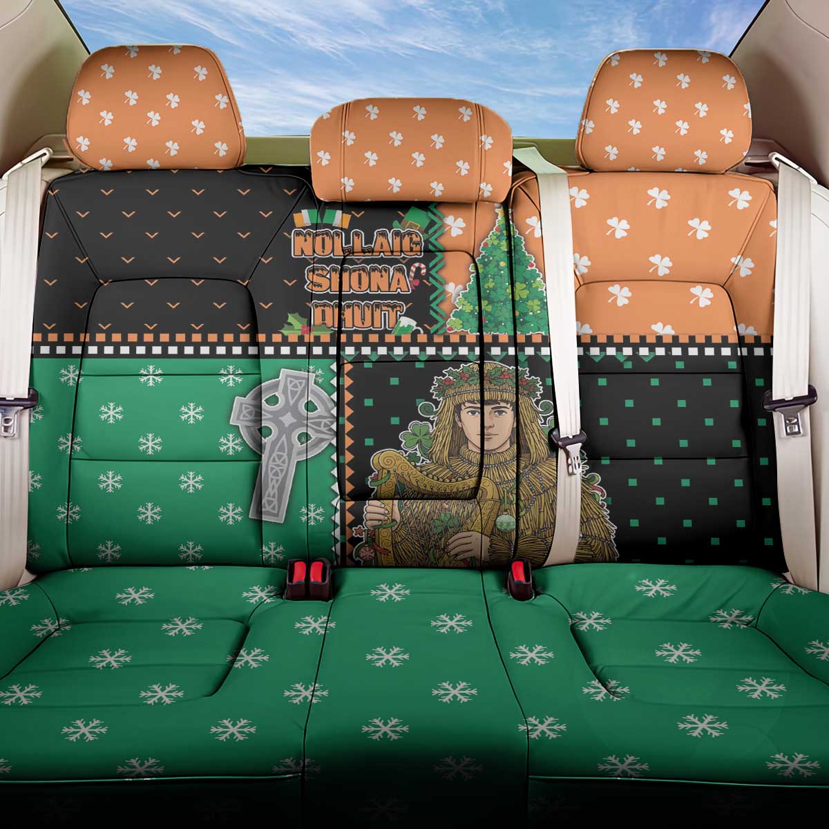 Ireland Christmas Back Car Seat Cover Wren Boy With Shamrock Xmas Tree - Wonder Print Shop
