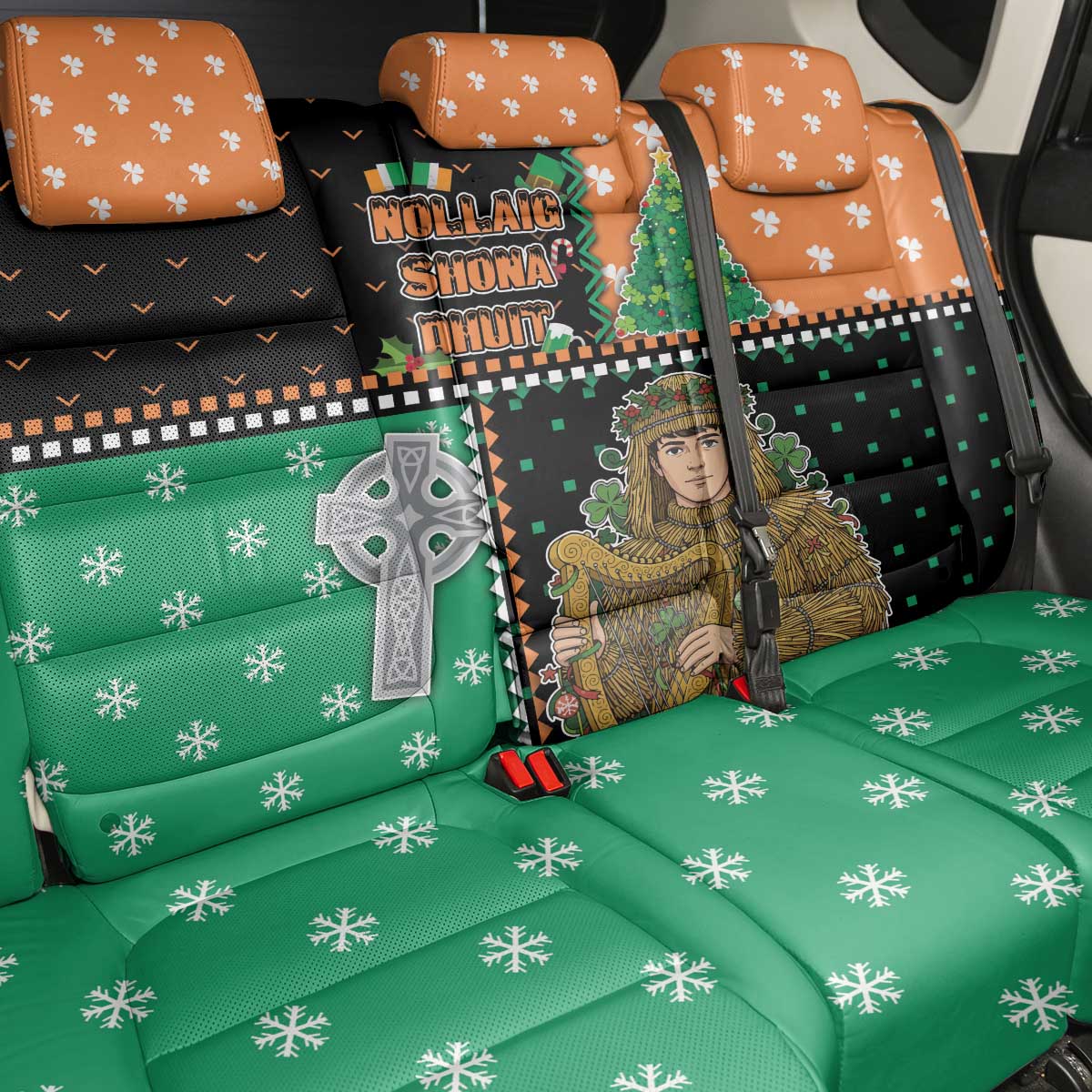 Ireland Christmas Back Car Seat Cover Wren Boy With Shamrock Xmas Tree - Wonder Print Shop