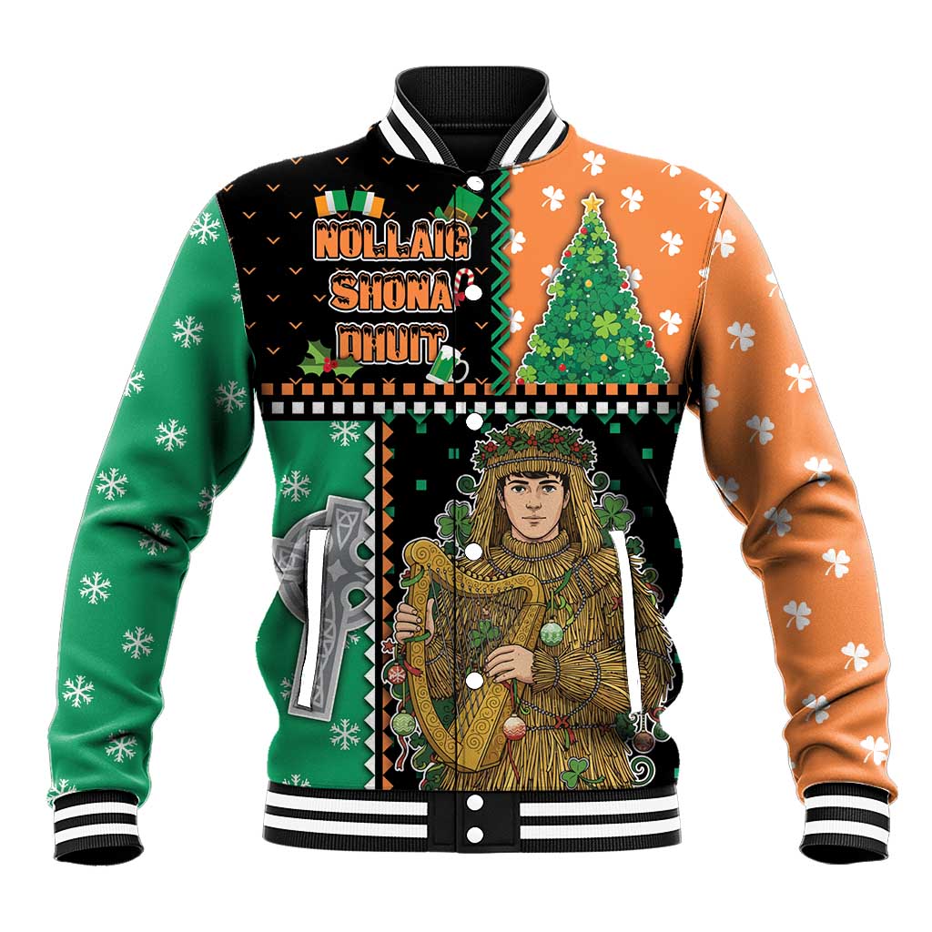 Ireland Christmas Baseball Jacket Wren Boy With Shamrock Xmas Tree - Wonder Print Shop