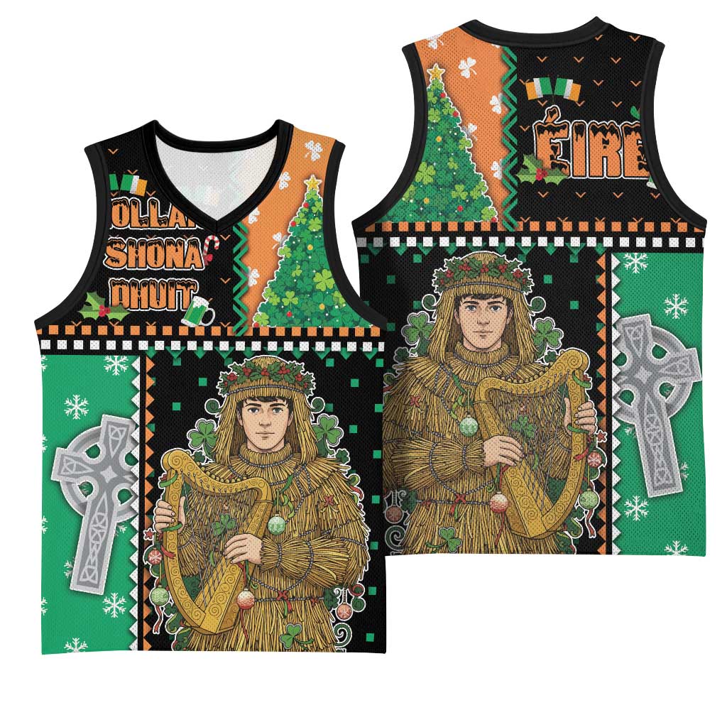 Ireland Christmas Basketball Jersey Wren Boy With Shamrock Xmas Tree - Wonder Print Shop