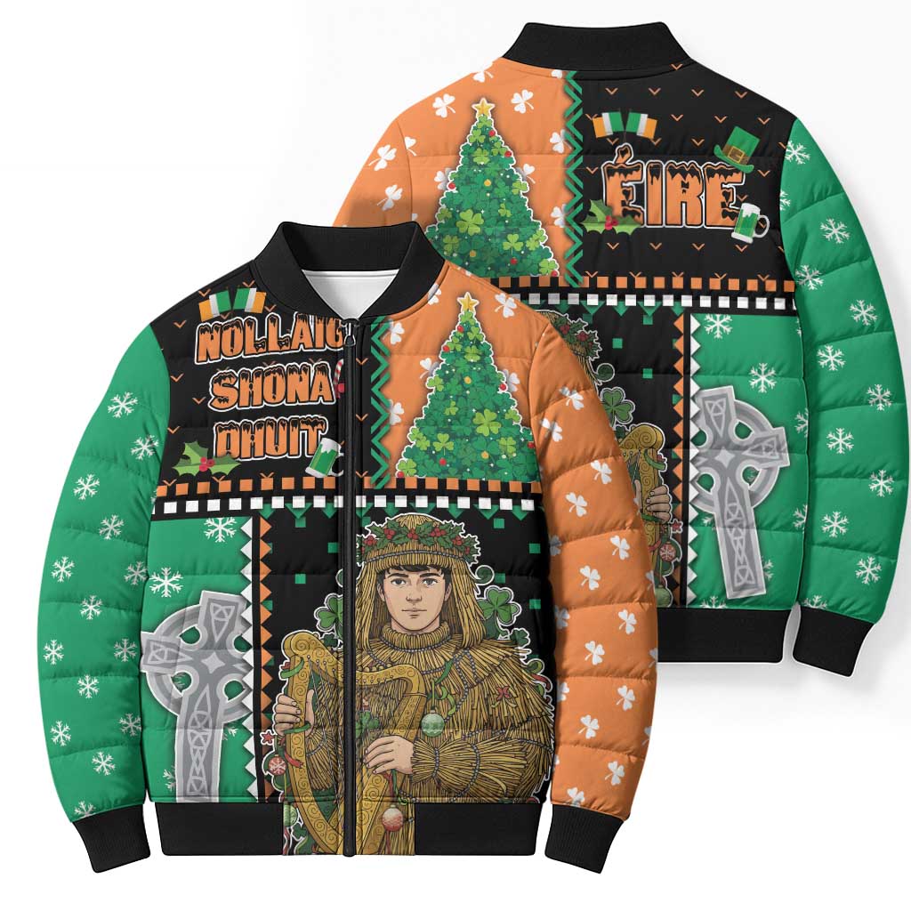 Ireland Christmas Bomber Puffer Jacket Wren Boy With Shamrock Xmas Tree - Wonder Print Shop