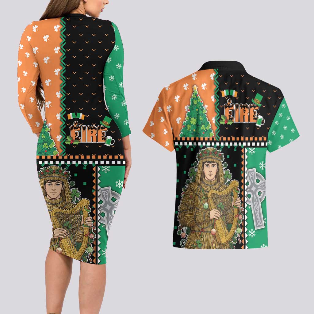 Ireland Christmas Couples Matching Long Sleeve Bodycon Dress and Hawaiian Shirt Wren Boy With Shamrock Xmas Tree - Wonder Print Shop