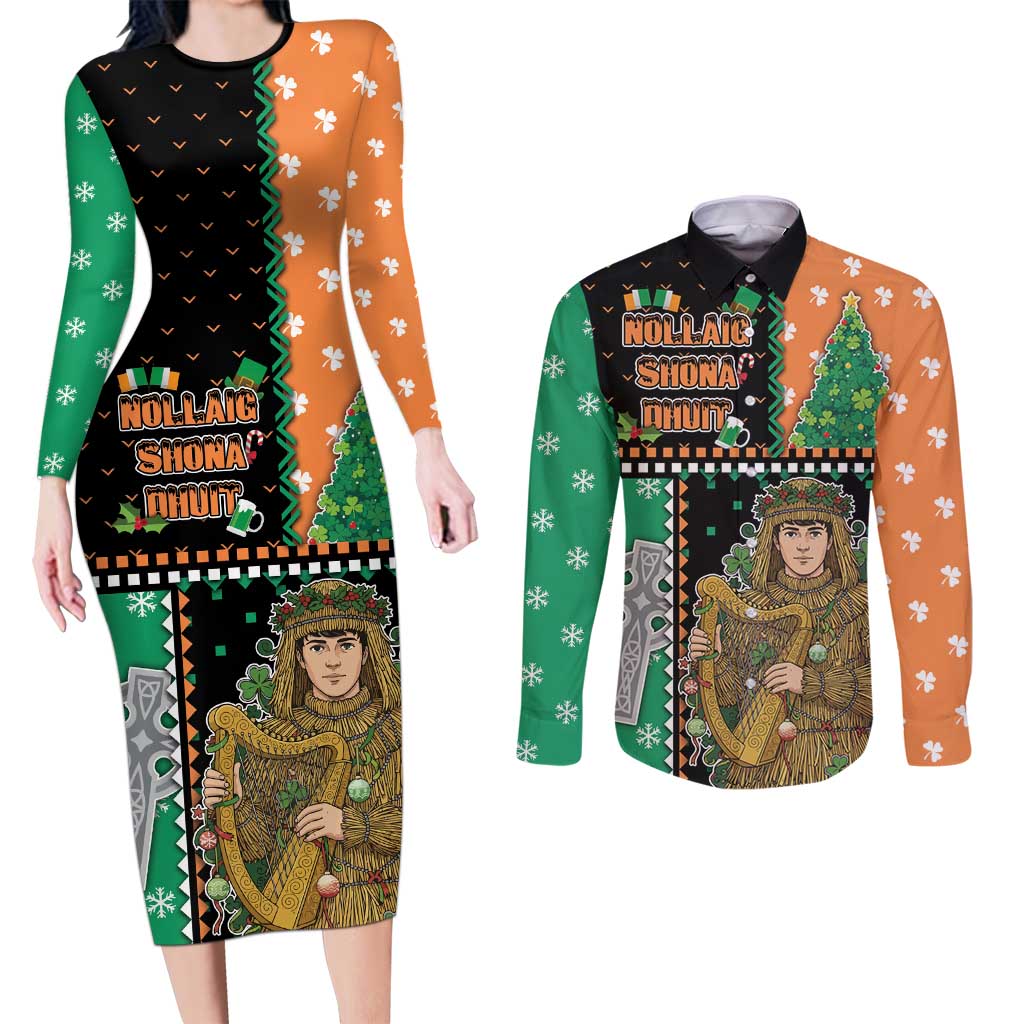 Ireland Christmas Couples Matching Long Sleeve Bodycon Dress and Long Sleeve Button Shirt Wren Boy With Shamrock Xmas Tree - Wonder Print Shop
