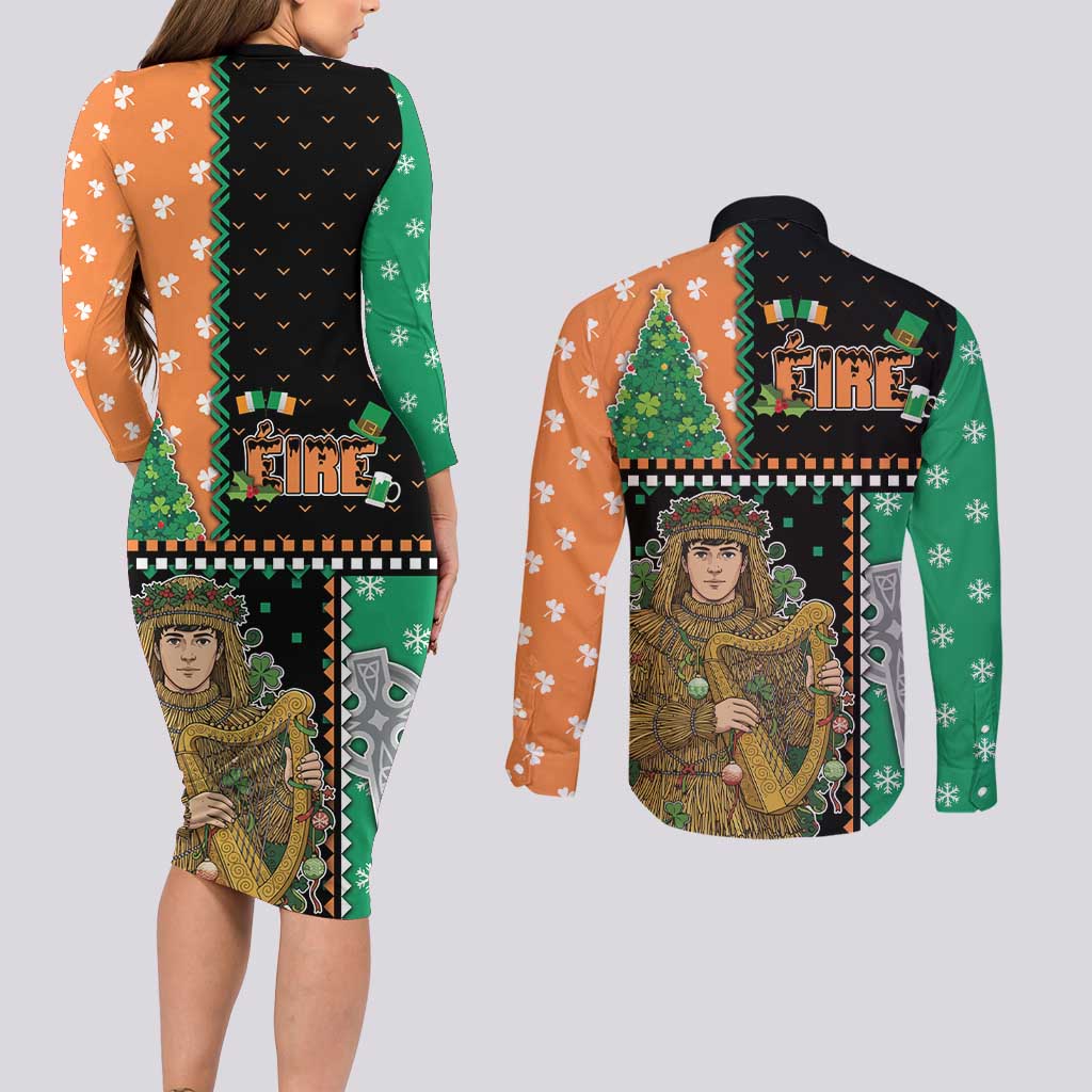 Ireland Christmas Couples Matching Long Sleeve Bodycon Dress and Long Sleeve Button Shirt Wren Boy With Shamrock Xmas Tree - Wonder Print Shop