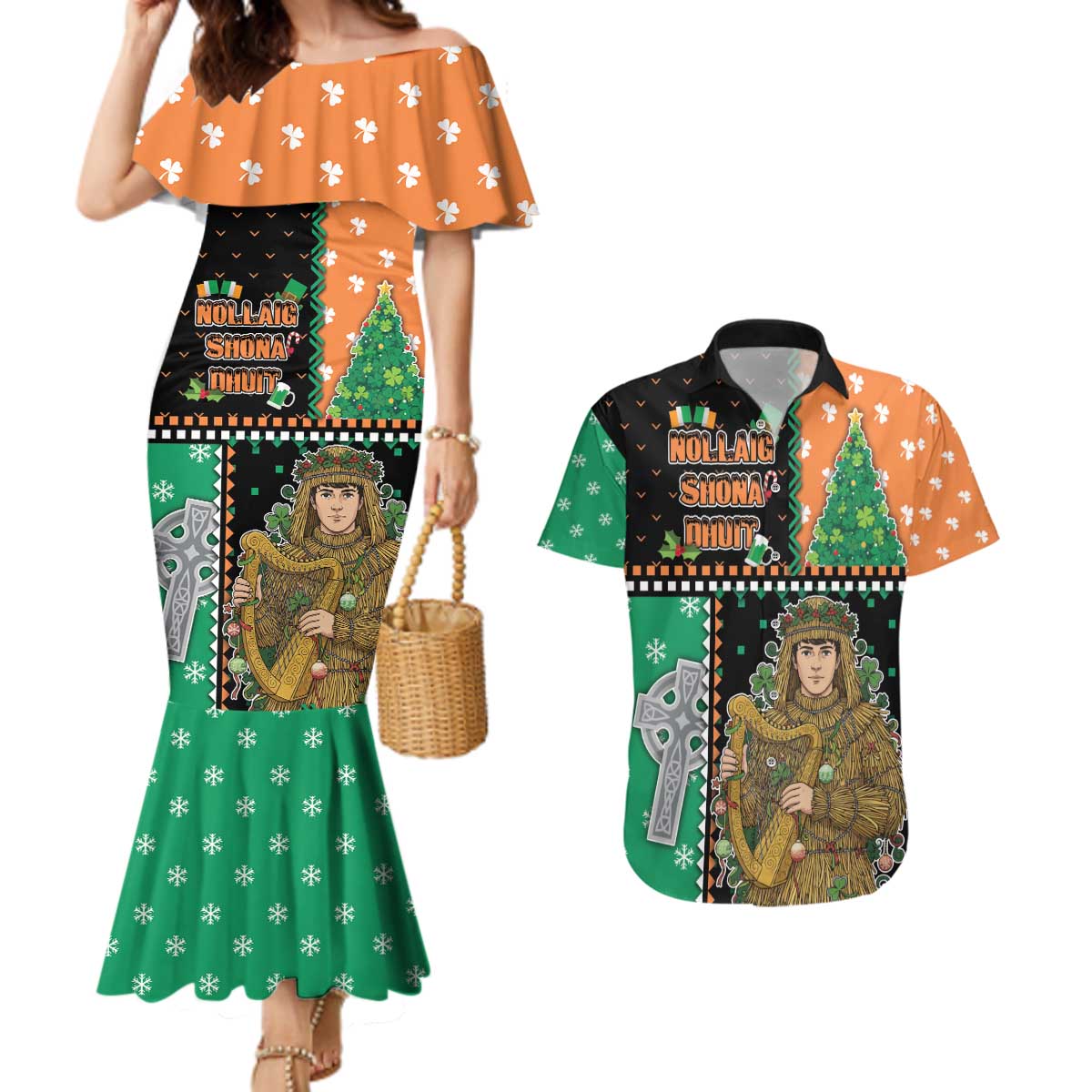 Ireland Christmas Couples Matching Mermaid Dress and Hawaiian Shirt Wren Boy With Shamrock Xmas Tree - Wonder Print Shop