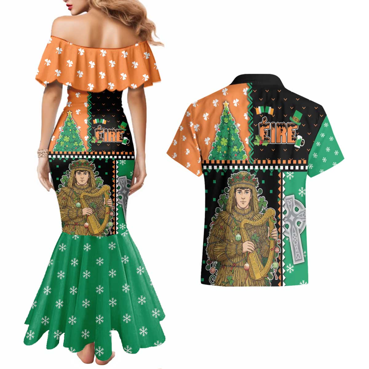 Ireland Christmas Couples Matching Mermaid Dress and Hawaiian Shirt Wren Boy With Shamrock Xmas Tree - Wonder Print Shop
