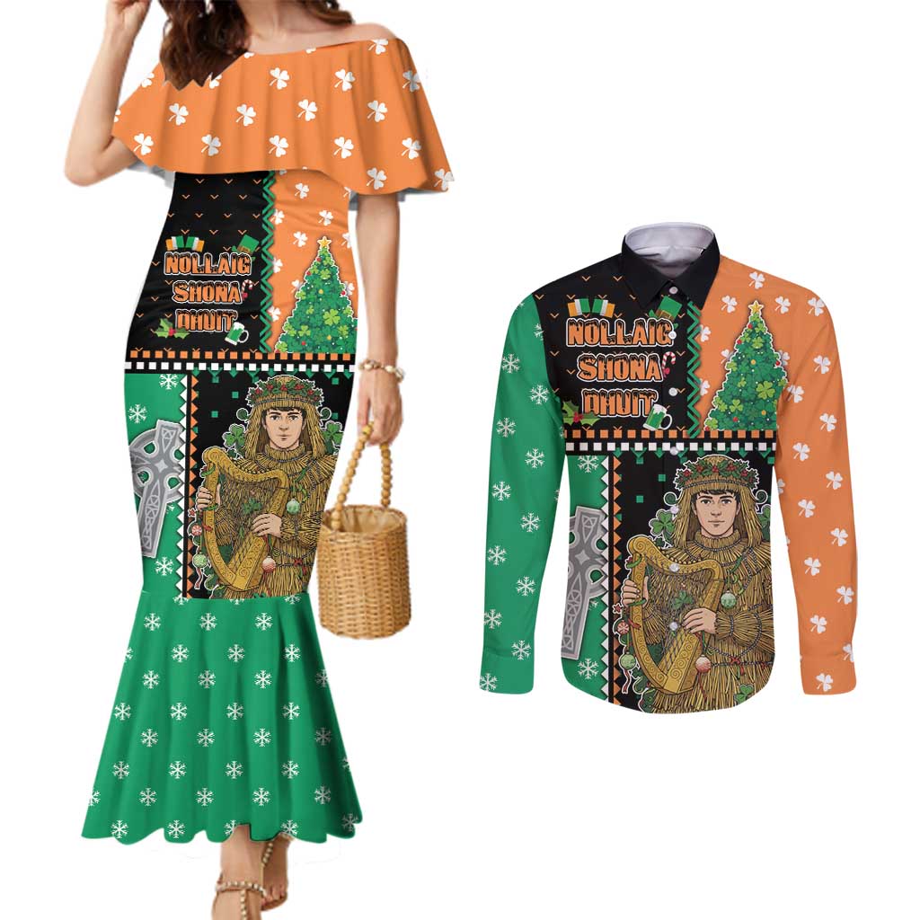 Ireland Christmas Couples Matching Mermaid Dress and Long Sleeve Button Shirt Wren Boy With Shamrock Xmas Tree - Wonder Print Shop
