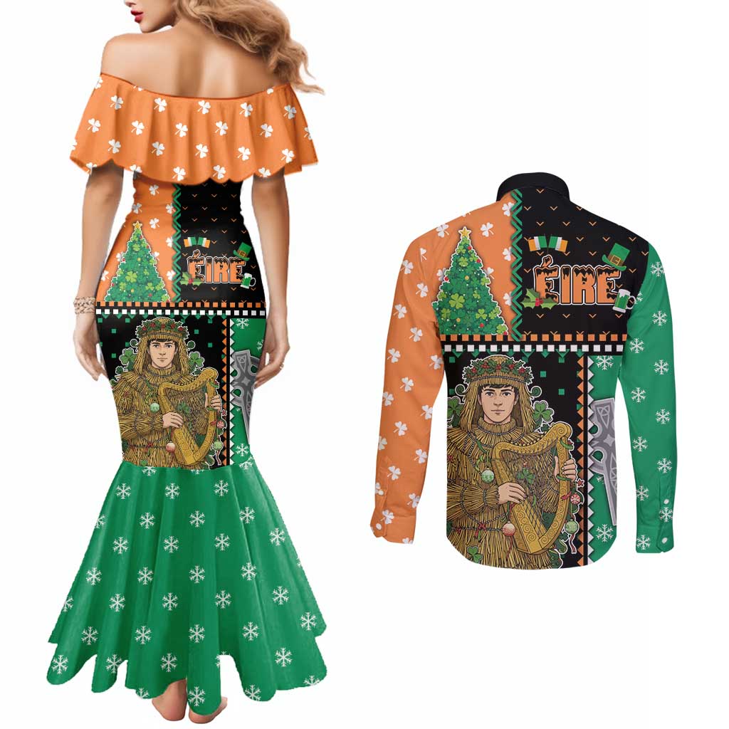 Ireland Christmas Couples Matching Mermaid Dress and Long Sleeve Button Shirt Wren Boy With Shamrock Xmas Tree - Wonder Print Shop